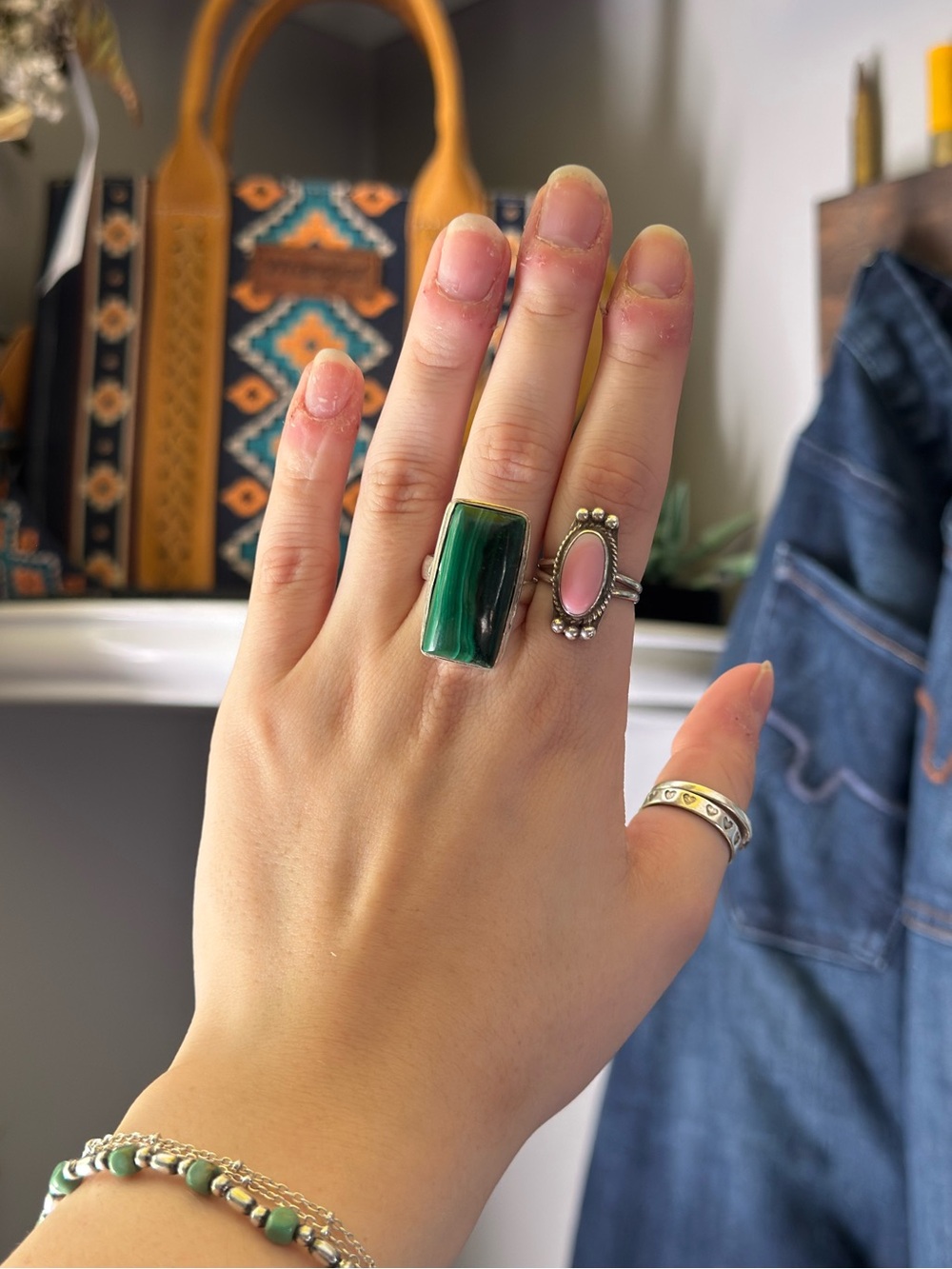 925 Sterling Silver Boho Rectangular Genuine Green Malachite Band Ring | Size 9